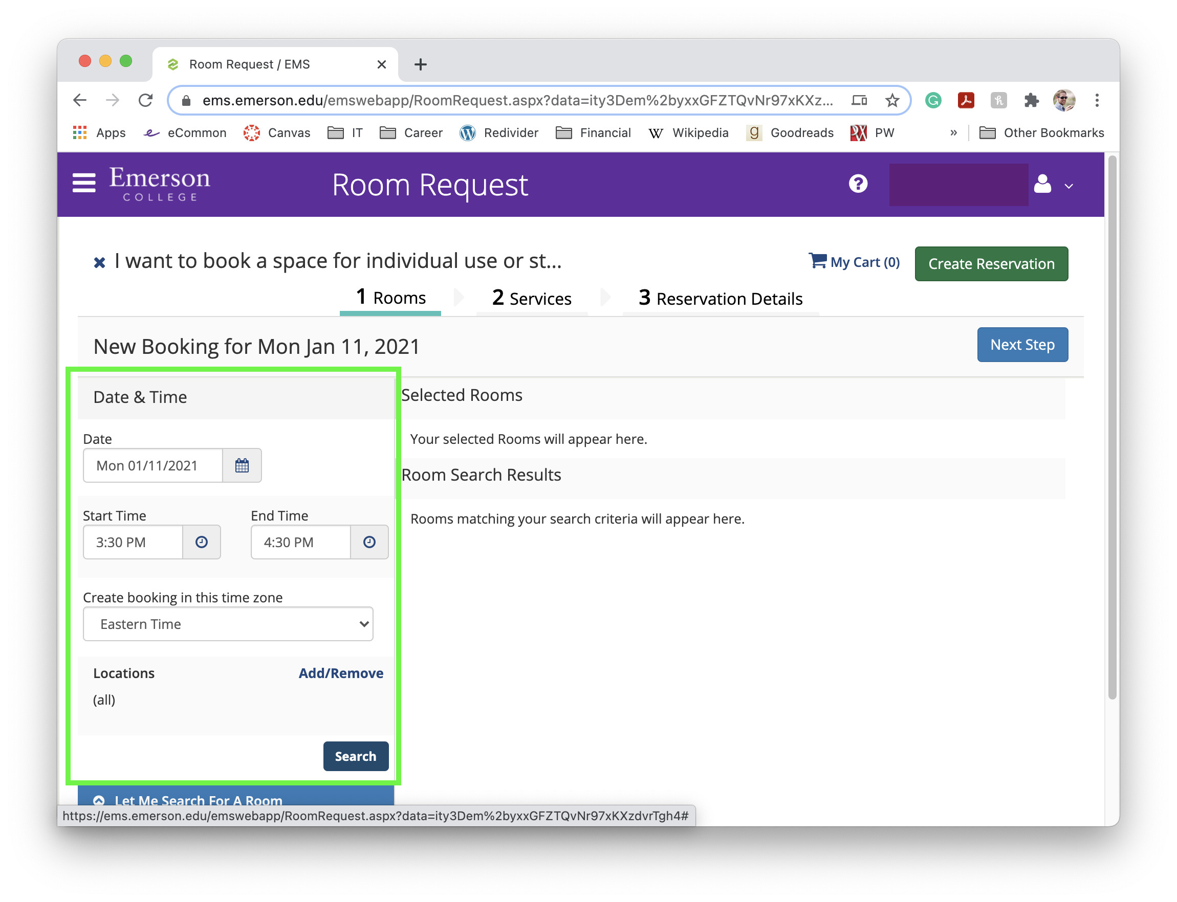 Image of Spacebook Room Request screen with a green box around the Calendar dialog area.
