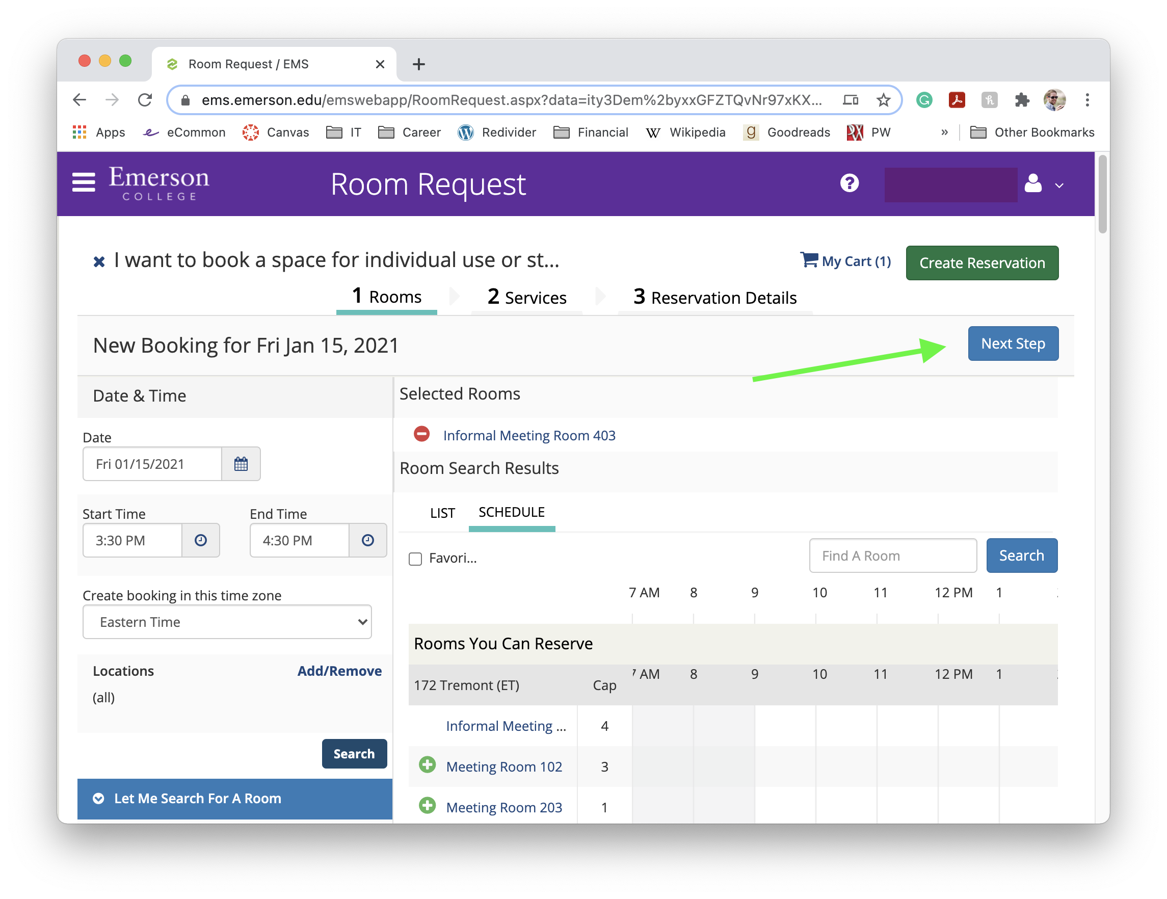 Image of Room Request screen with a green arrowing point at the Next Step button.