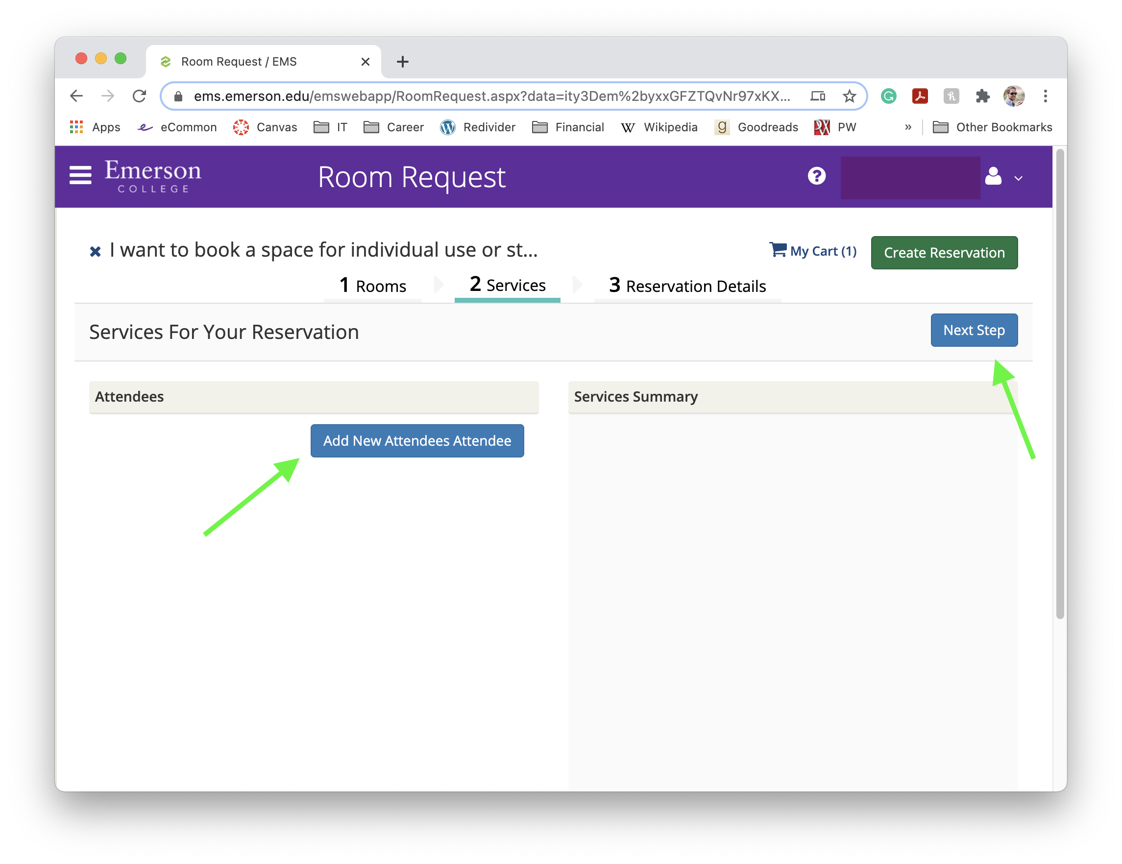Image of Services page in Spacebook Room Request.