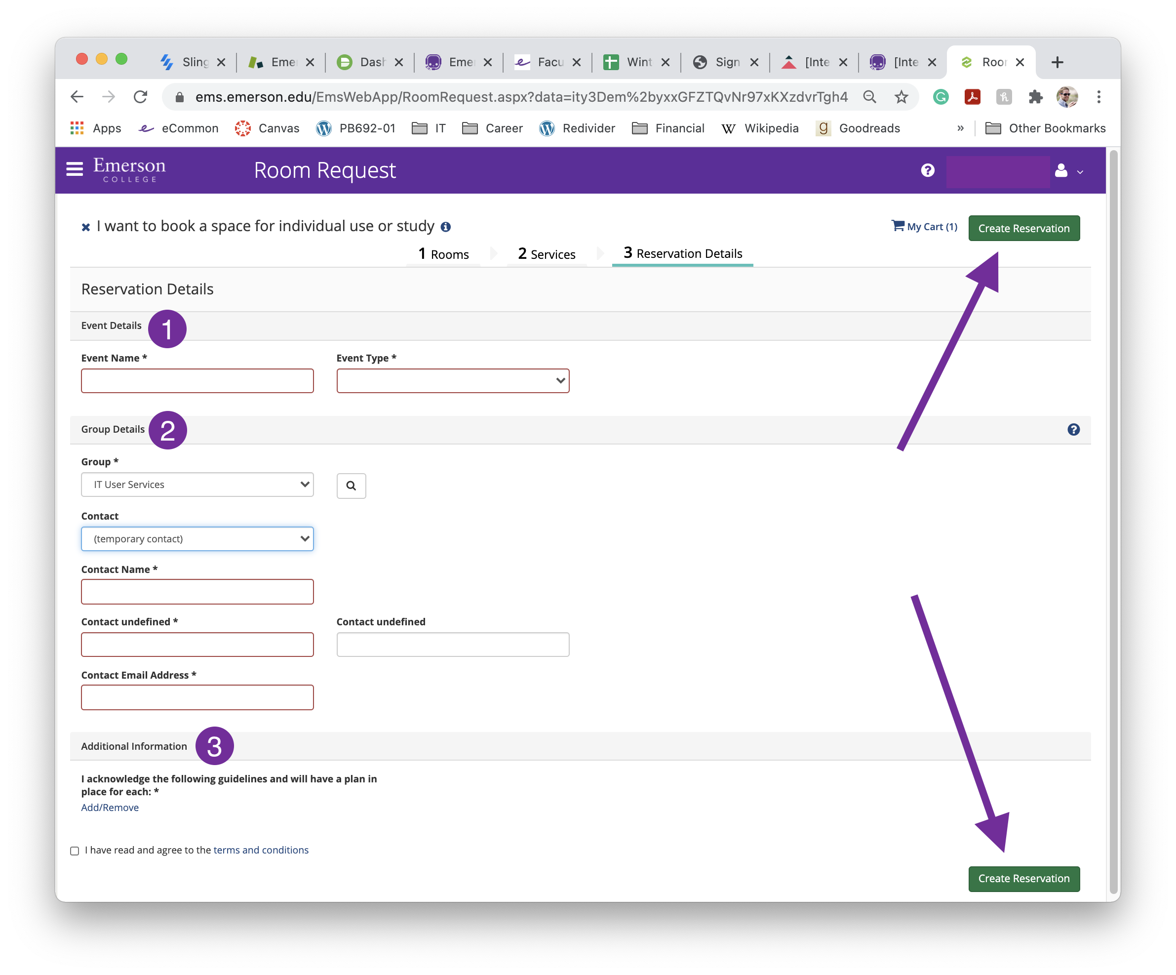 Image of Spacebook Reservation space with a purple arrow pointing to Create Reservation button.