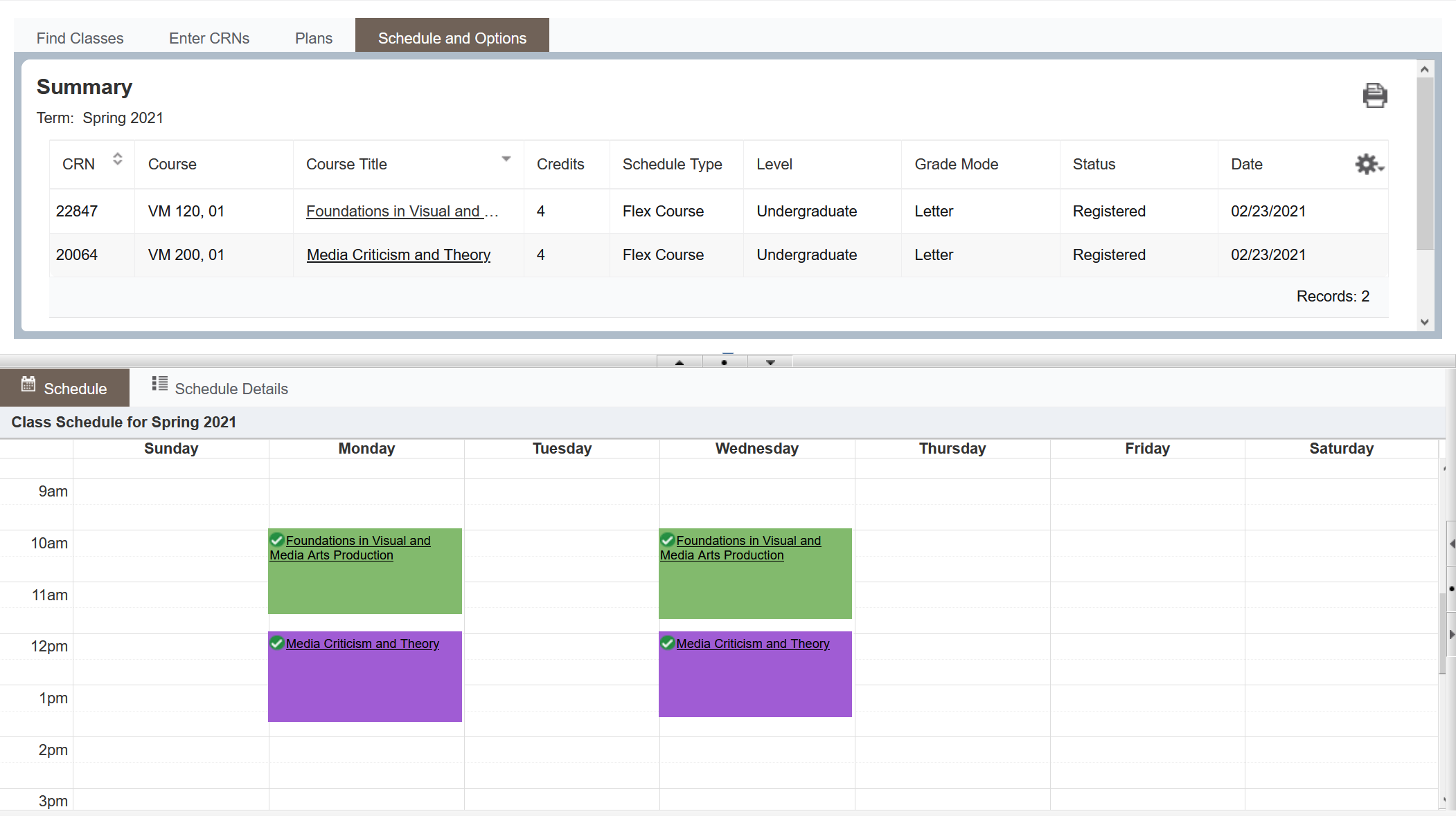 Screenshot of Schedule and Options page