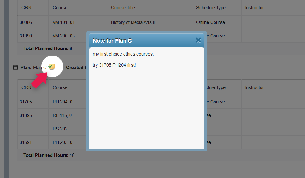 Screenshot showing where the Note icon with a check is, and resulting pop-up with previously saved note