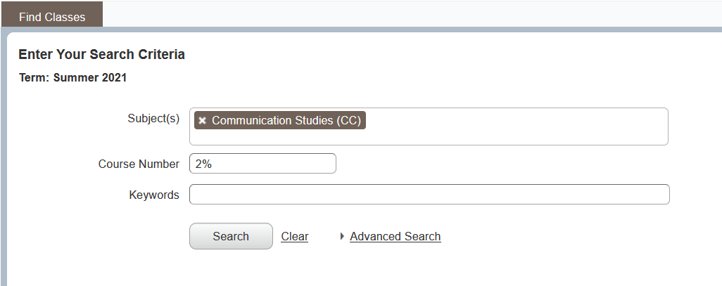 Basic search page with example search criteria for CC200