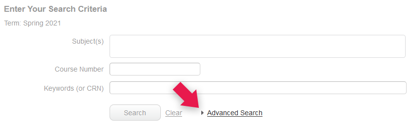 Screenshot to show the location of the Advanced Search link (below the subject, course number, and keyword fields)