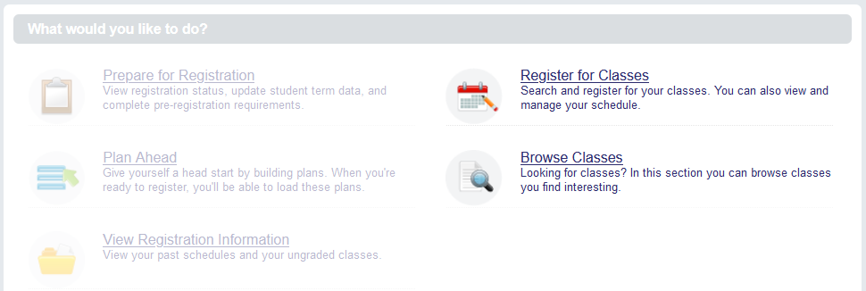 Screenshot of the main menu with Register for Classes and Browse Classes menu options emphasized
