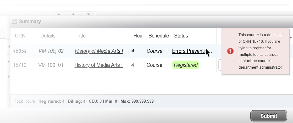 Screenshot of registration Summary with error message overlay box