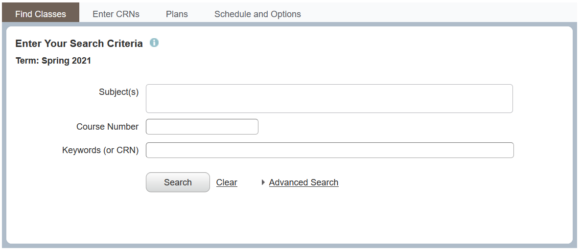 Screenshot of subject, course number, and keyword search