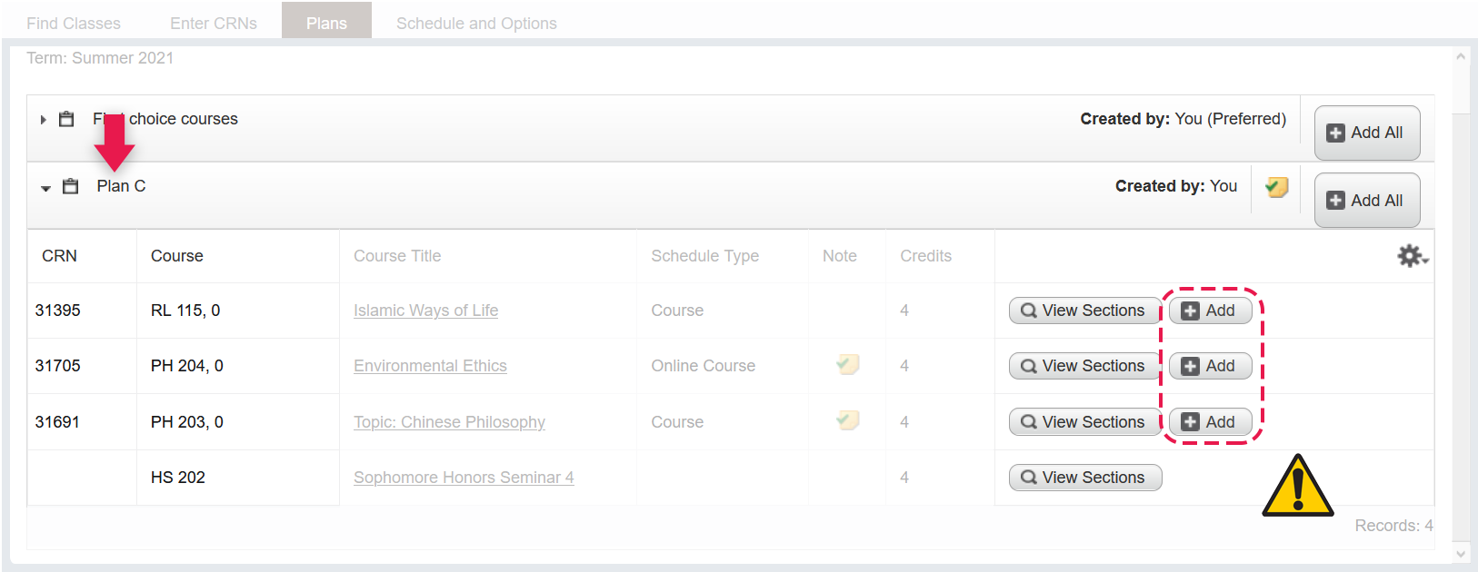 Screenshot showing Add buttons when selecting sections from a plan, and showing that the Add button is missing for a course.