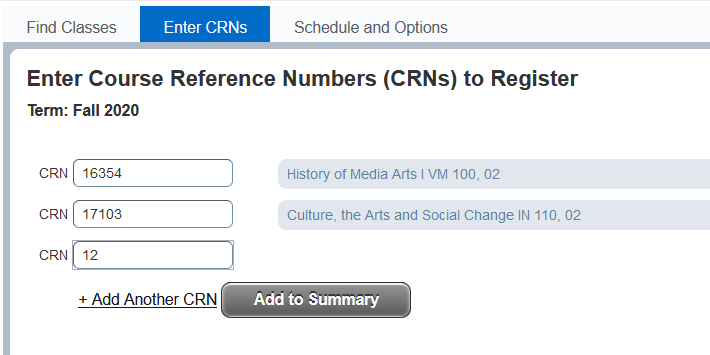 screenshot of Enter CRNs page