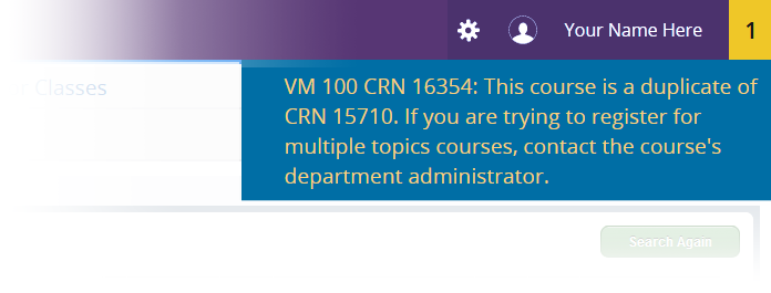 Screenshot of a registration error message notification that shows in the upper-right of the page