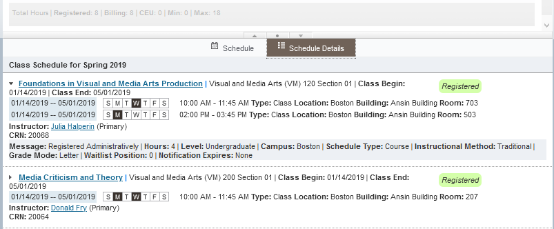 Screenshot of schedule in list format