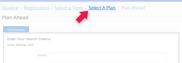 Screenshot of breadcrumbs navigation menu with Select a Plan emphasized