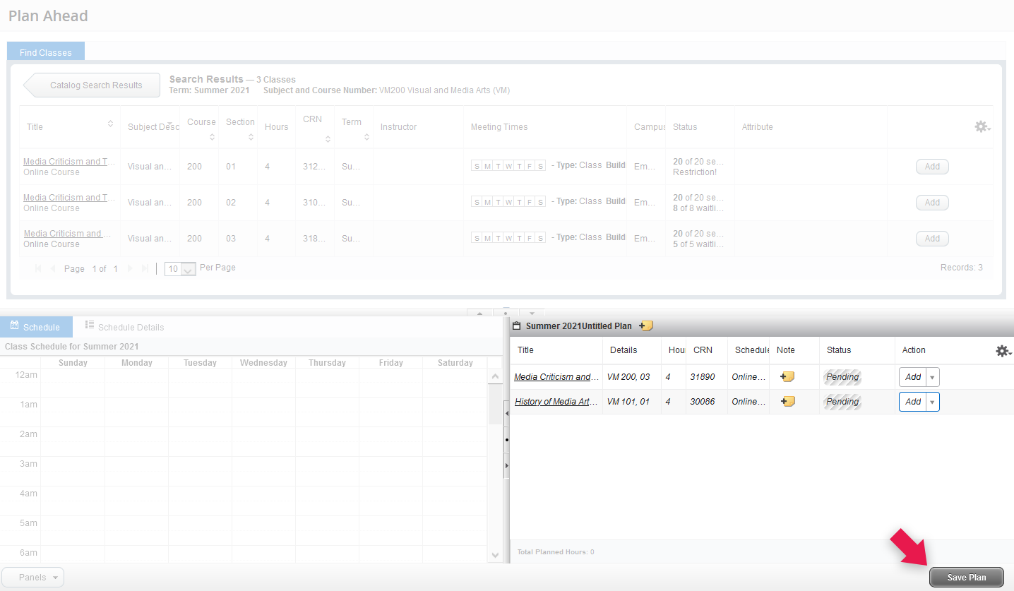Screenshot to show location of the Save Plan button (bottom right of screen)
