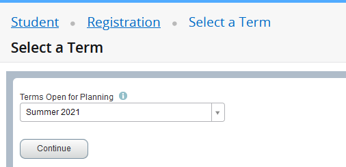 screenshot of page where you select a term that you would like to plan out