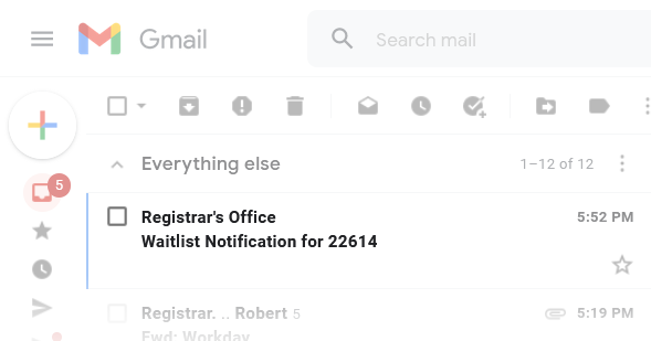 Screenshot of notification email to show subject line, Waitlist notification for (CRN).