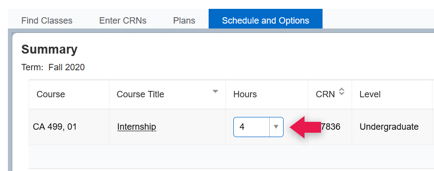 Screenshot of credit option dropdown for an internship