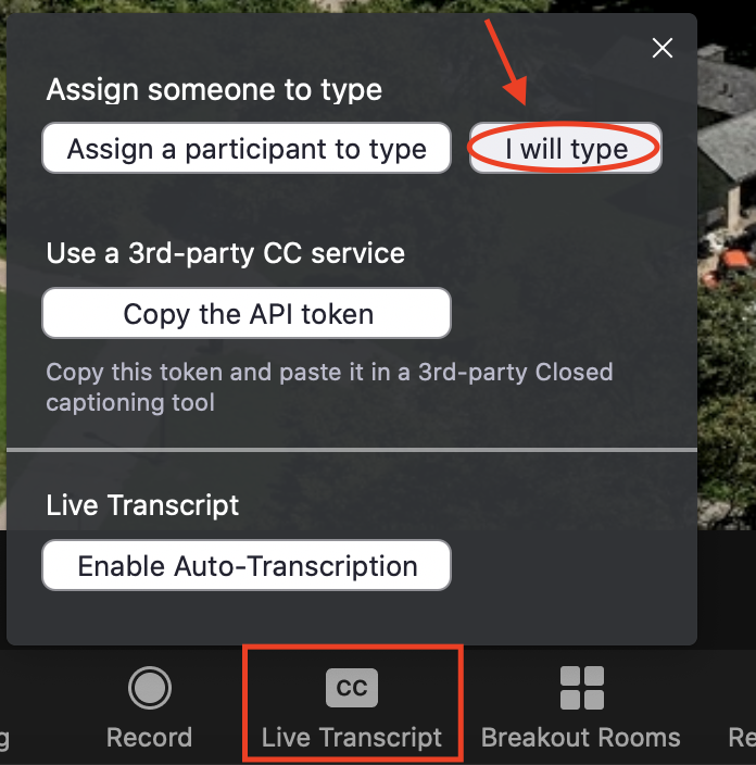 Screenshot of in-meeting Zoom controls clicking on Live Transcript then on I will type.