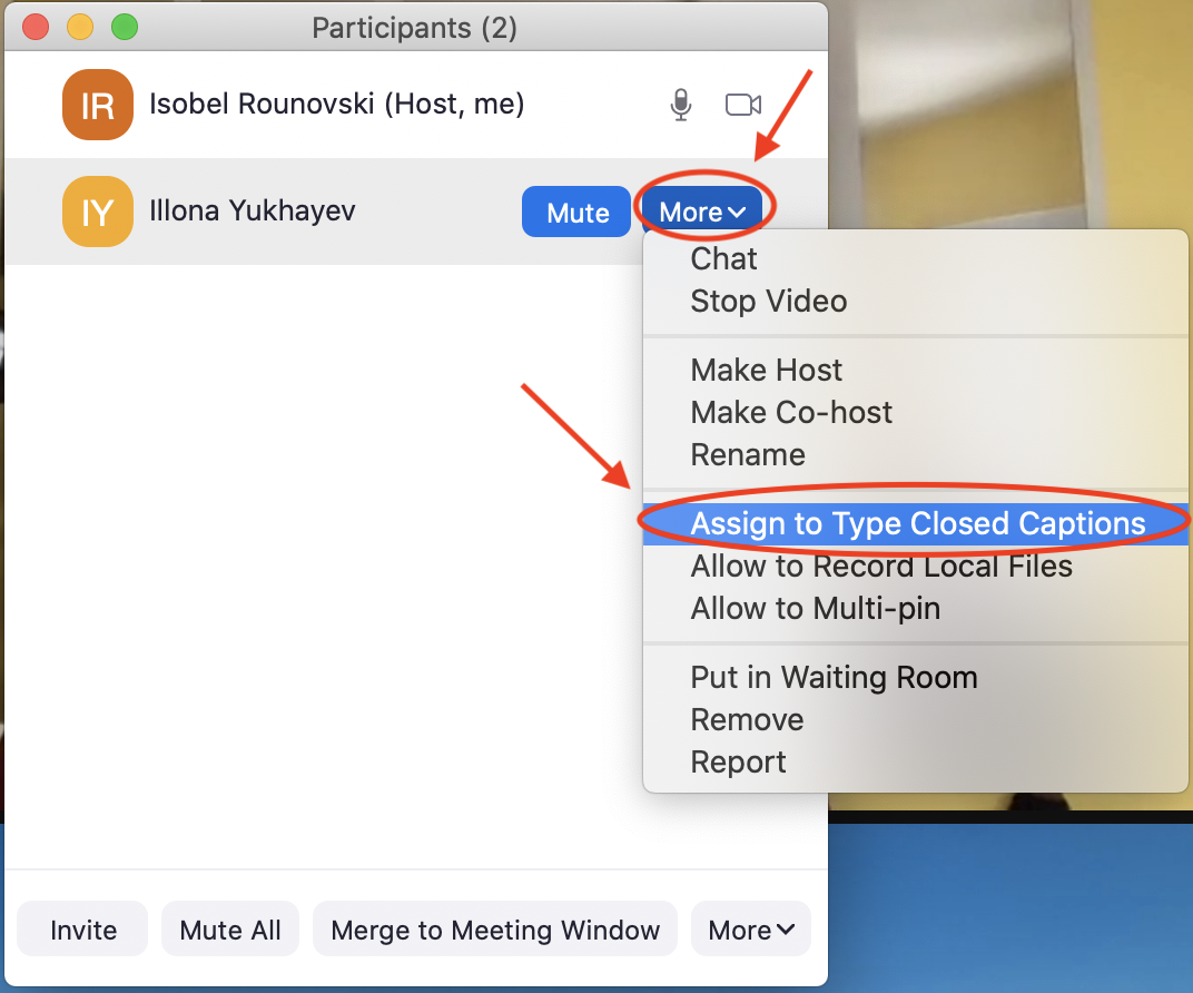 Screenshot of Zoom Participants panel showing how to assign someone to type captions.