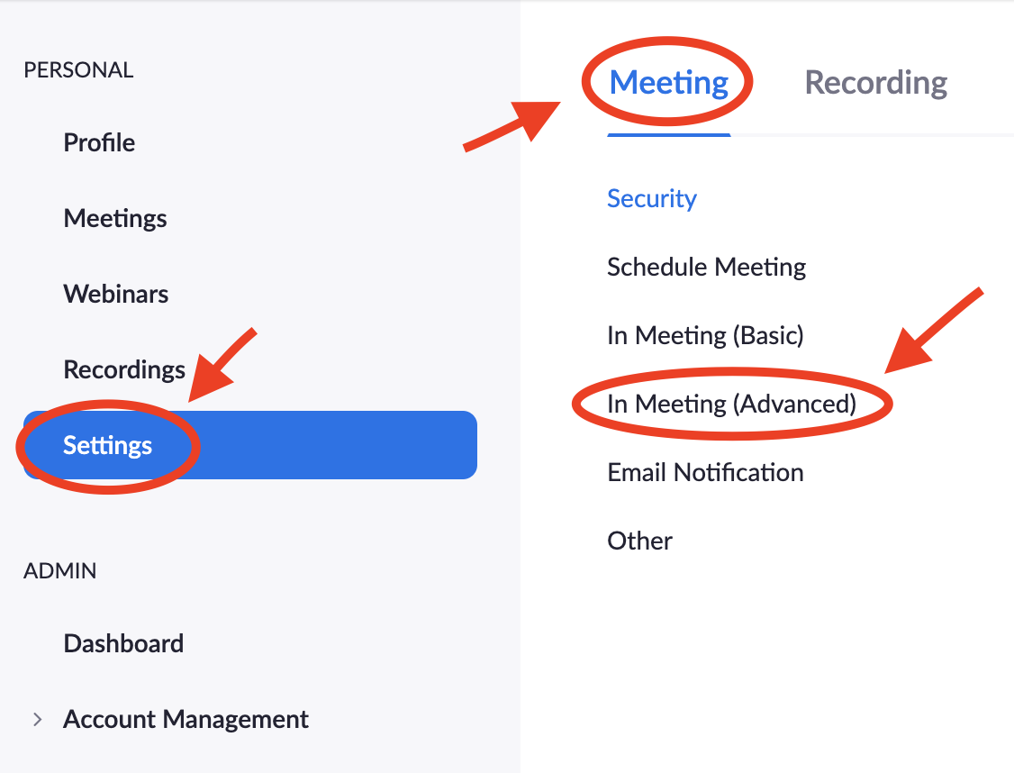 Screenshot of Zoom web interface clicking on Settings, then Meeting, then In Meeting (Advanced).