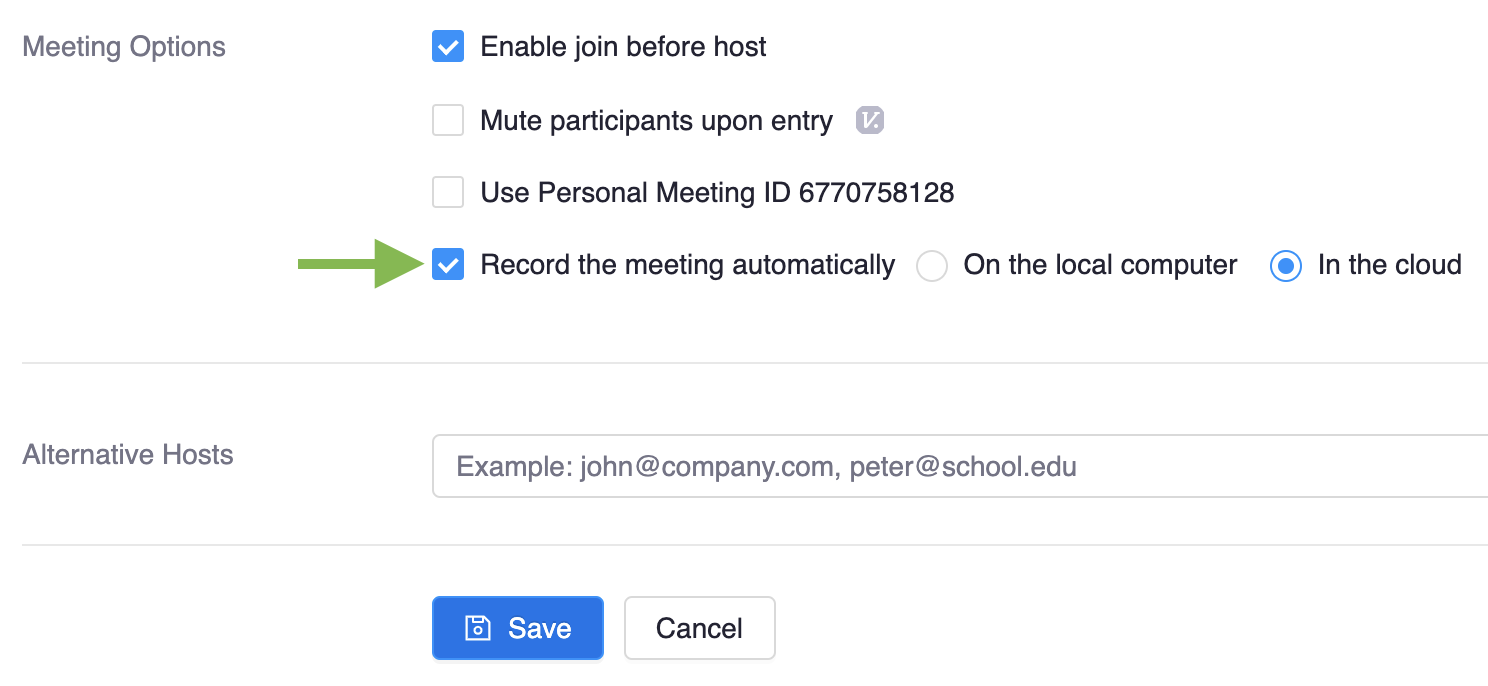 The bottom of the Zoom meeting settings screen. The checkbox for 'Record the meeting automatically' is indicated with an arrow.