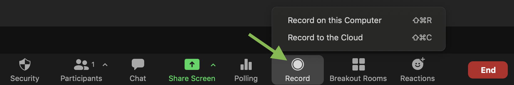The toolbar at the bottom of the Zoom meeting interface, with the Record button indicated with an arrow and its menu expanded to show options 'Record on this Computer' and 'Record to the Cloud.'