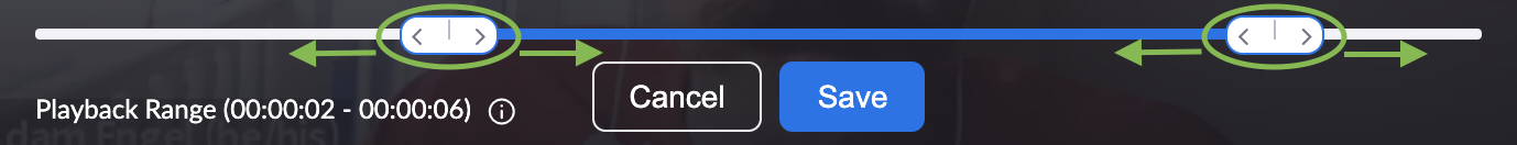 The playback range editor for a Zoom recording, with the two sliders circled and their left and right movement indicated with arrows.