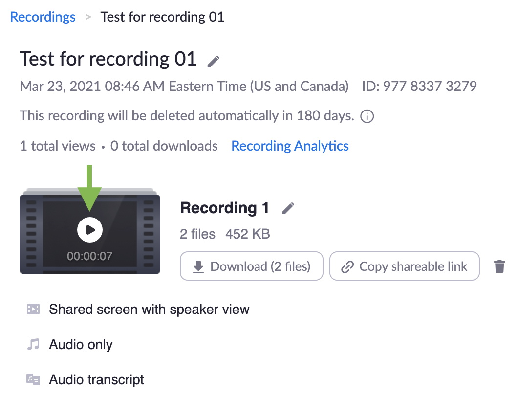 The Zoom recording details page with the film strip icon indicated.