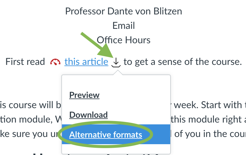 A linked document on a Canvas page. The download icon to its right is indicated with an arrow, and Alternate formats in the dropdown menu is circled.