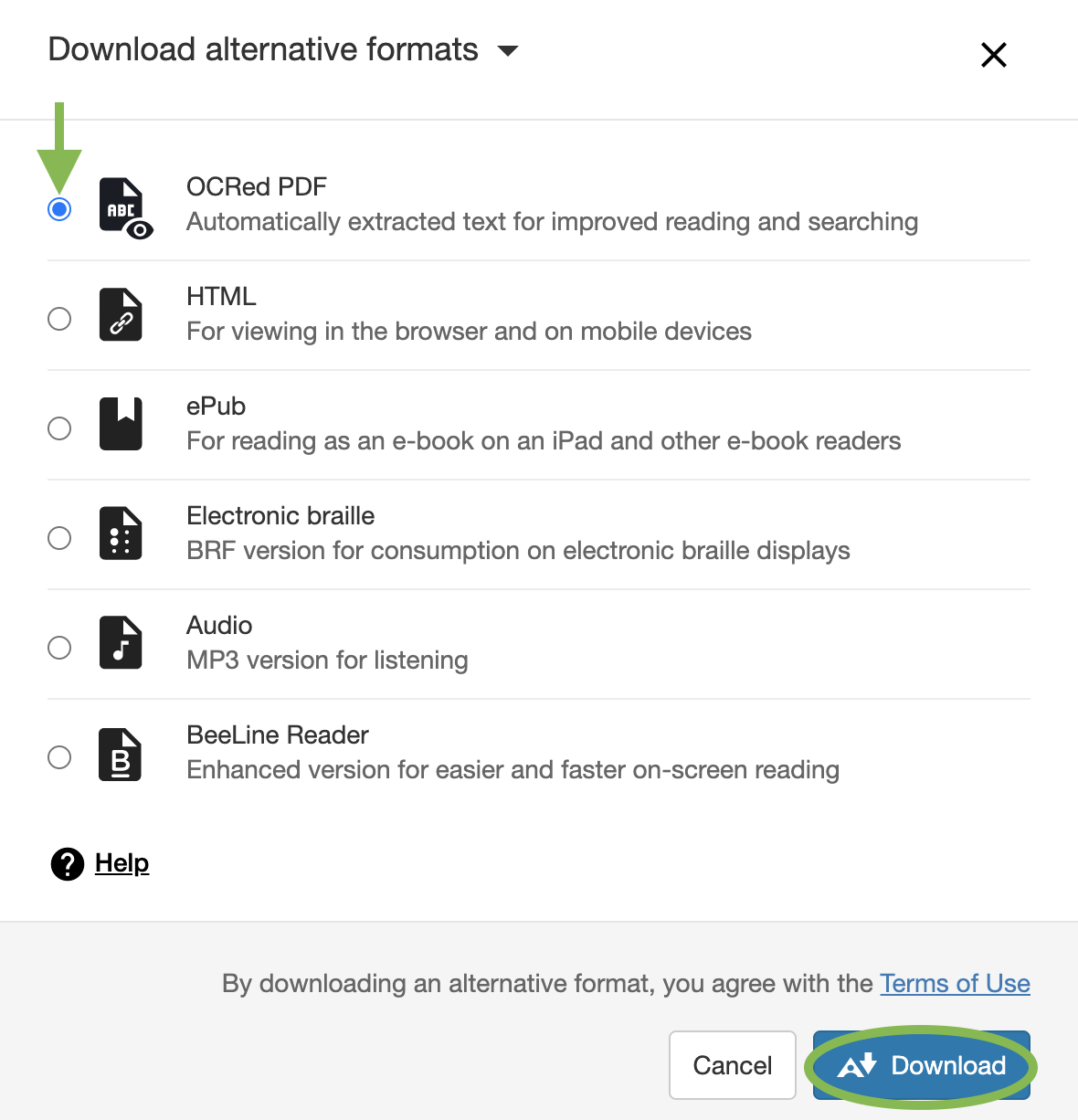 Ally's menu for downloading alternative formats of documents, with the radio button for OCRed PDF indicated and the Download button circled.