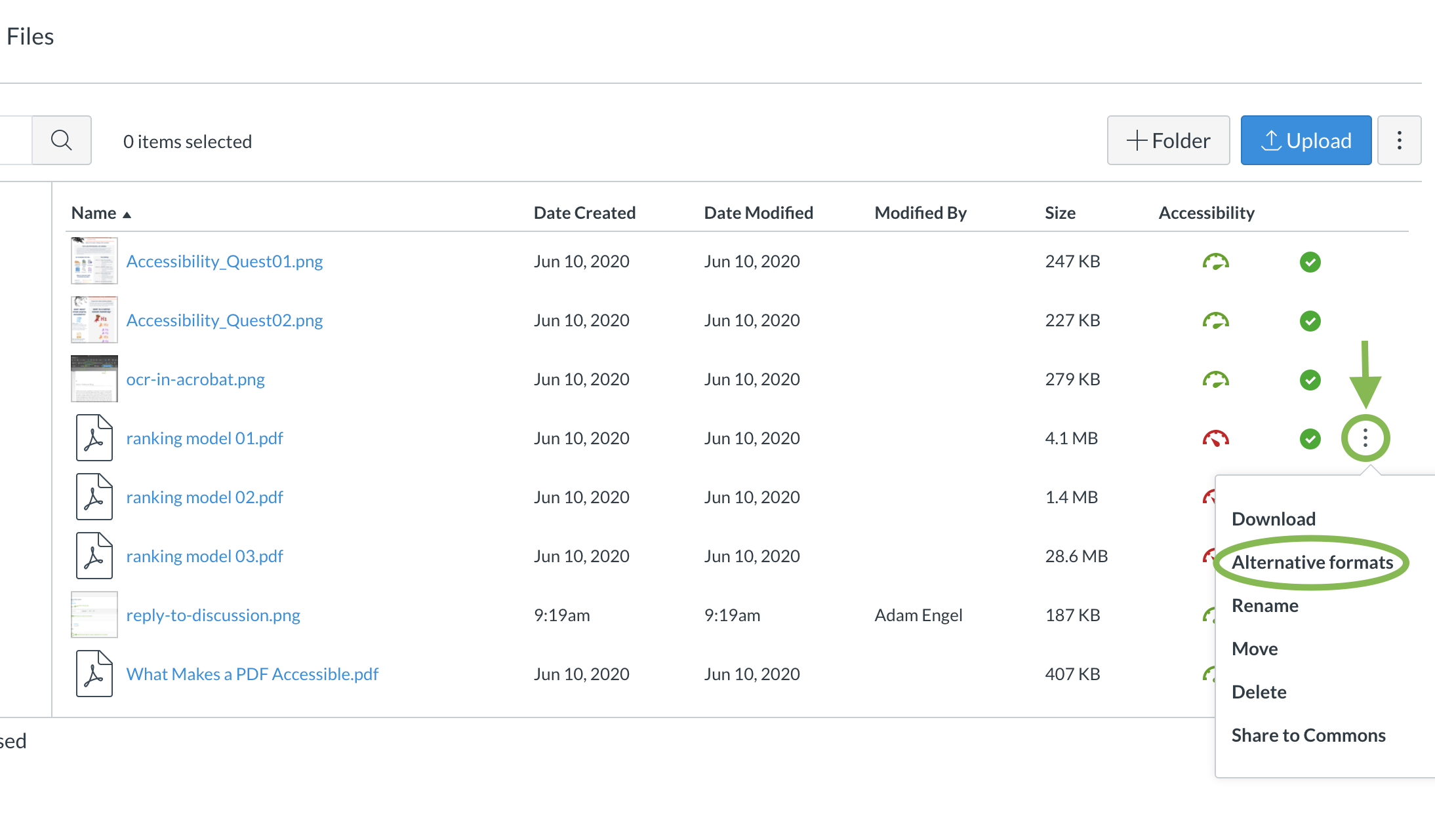 The Files section of a Canvas course, with the vertical ellipses button indicated with an arrow and the Alternative formats button circled in the dropdown menu.