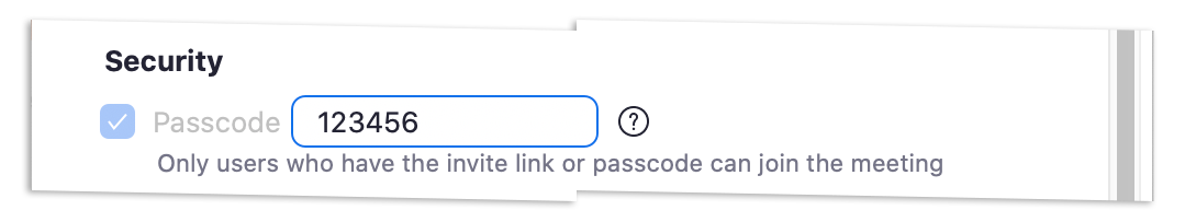 A screenshot of security settings within Zoom, with the Passcode option checked and a text field available to edit the passcode contents.