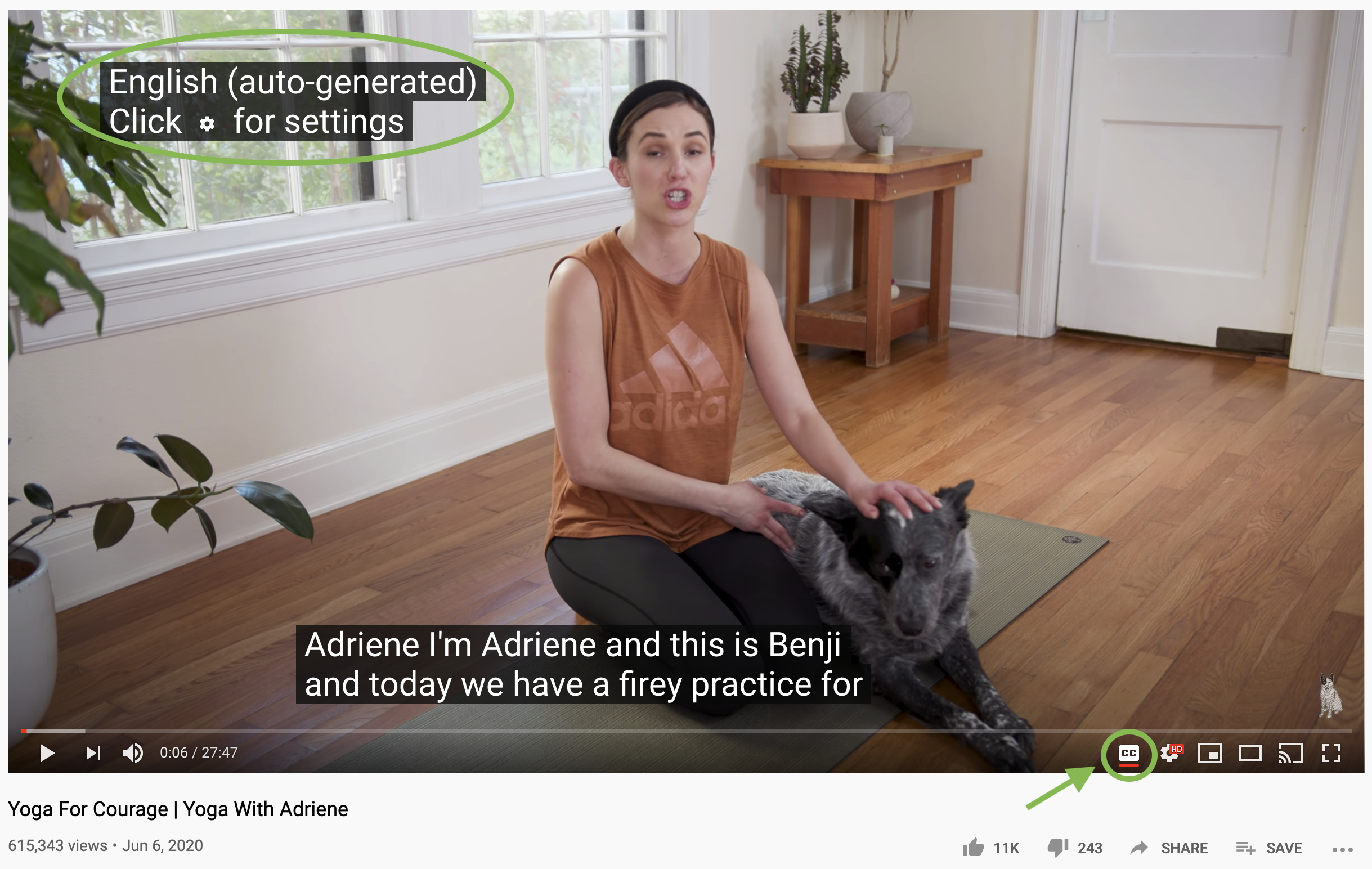 A YouTube video with English (auto-generated) at top-left circled and the CC button at bottom-right indicated with an arrow.