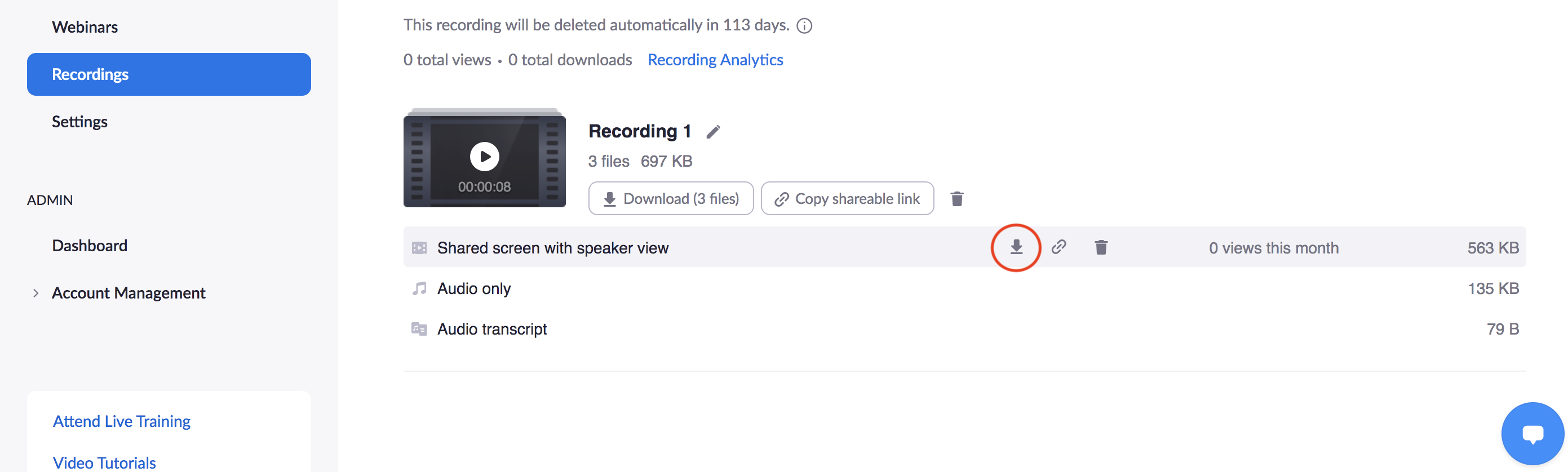 The Zoom Recordings page showing the circled Download icon.