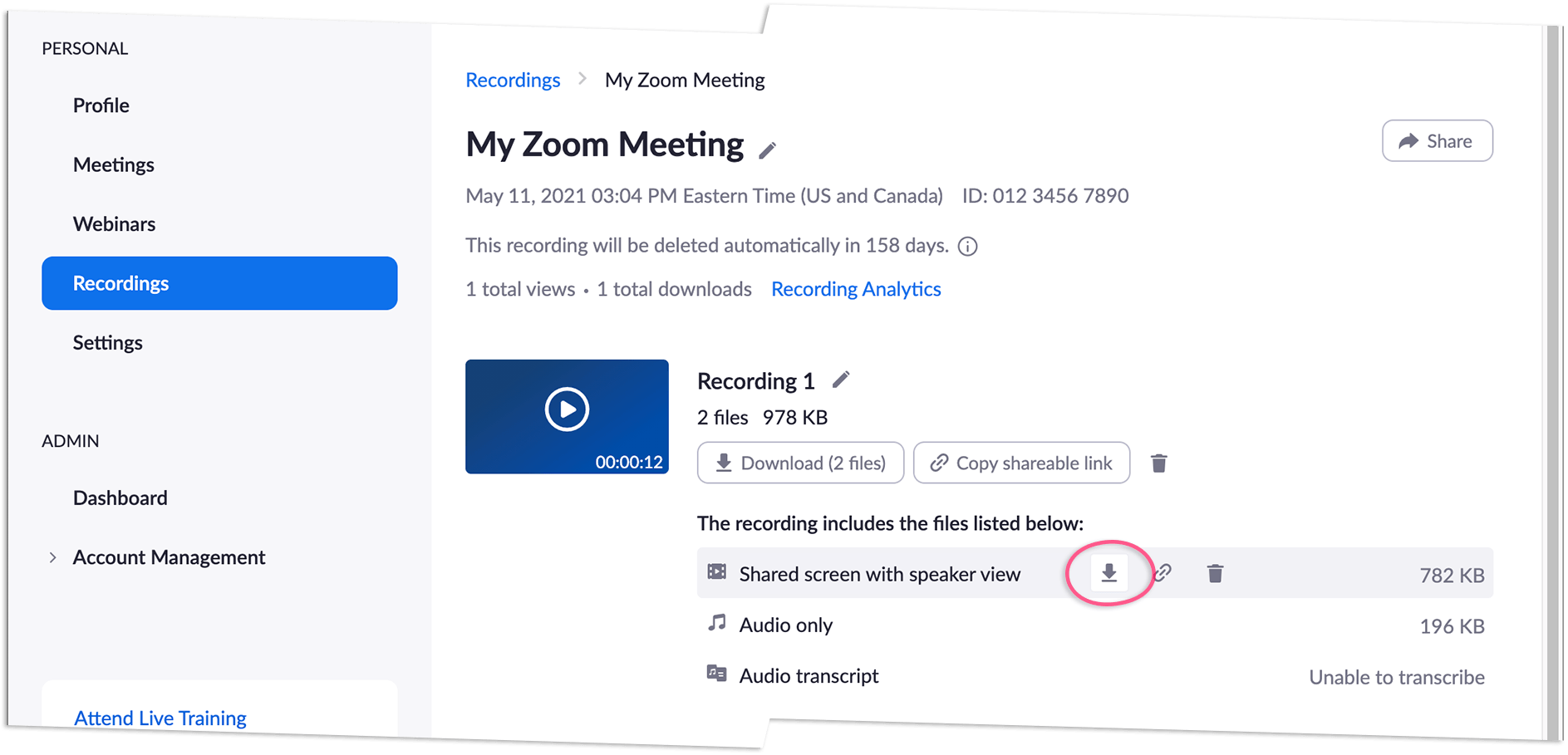 Zoom recording page with download icon circled