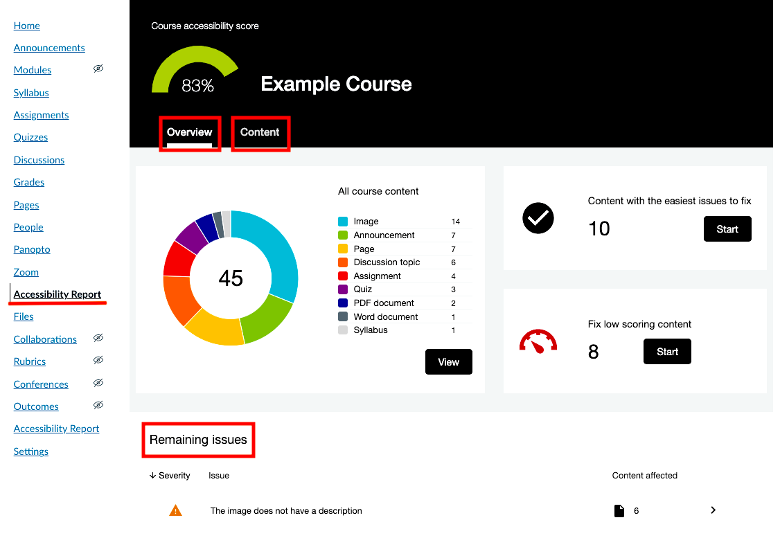 Accessibility Report Sections