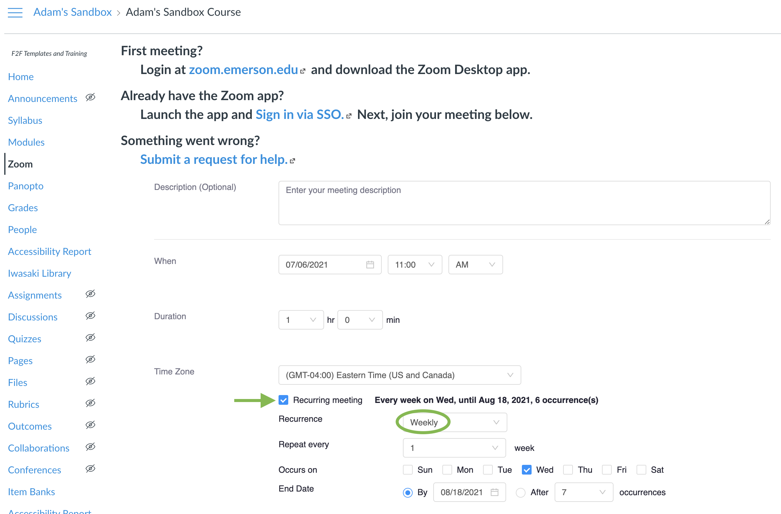 The interface for scheduling a meeting in the Zoom tool in Canvas, with the Recurring box checked and Weekly selected from the Recurrence dropdown menu.