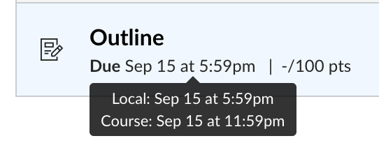 Tool tip when hovering on an assignment row's name. Local time is 5:59pm. Course time is 11:59pm.