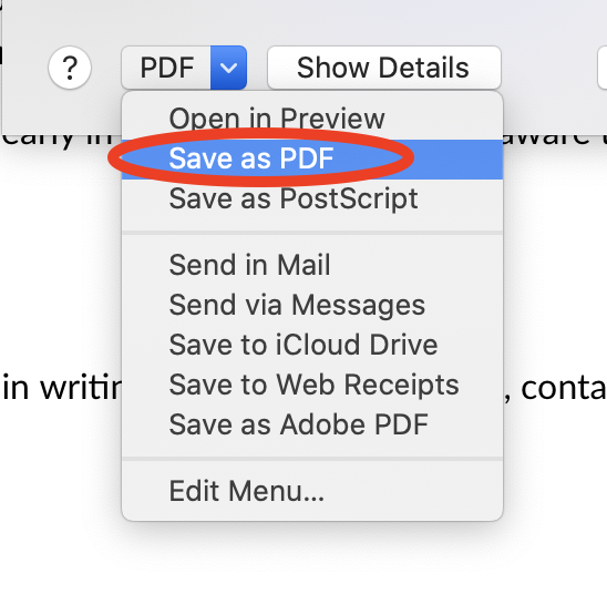 Screenshot showing how to export as PDF in Safari as described on page