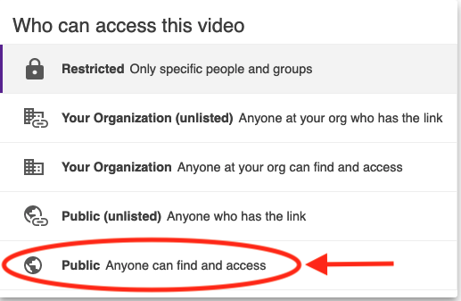 A video's sharing settings dropdown, with Public: Anyone can find and access indicated.