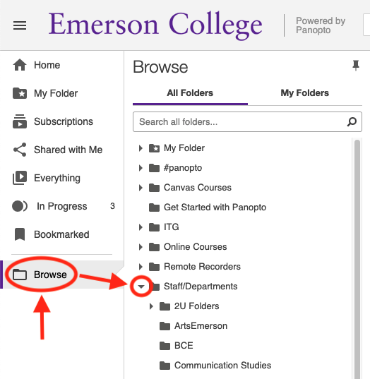 The Browse button in the Panopto Web Portal, with the expand arrow for the Staff/Departments folder indicated.