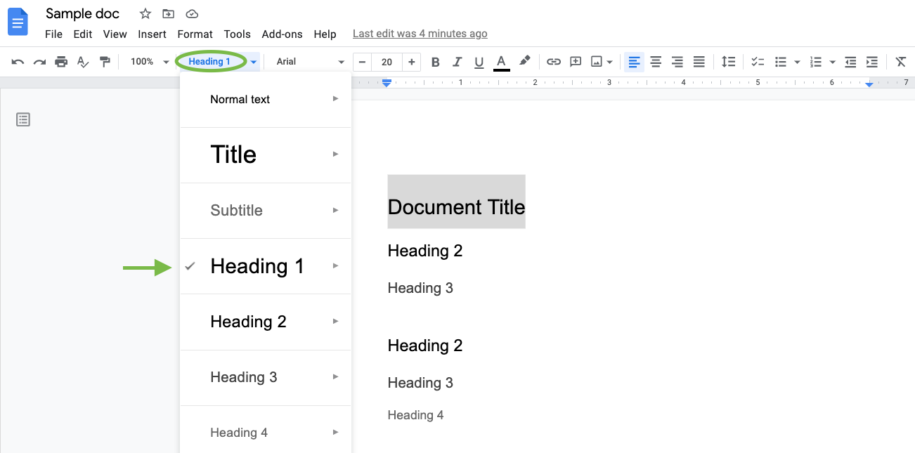 A Google Doc with Document Title selected, the Headings menu expanded, and Heading 1 indicated with an arrow.