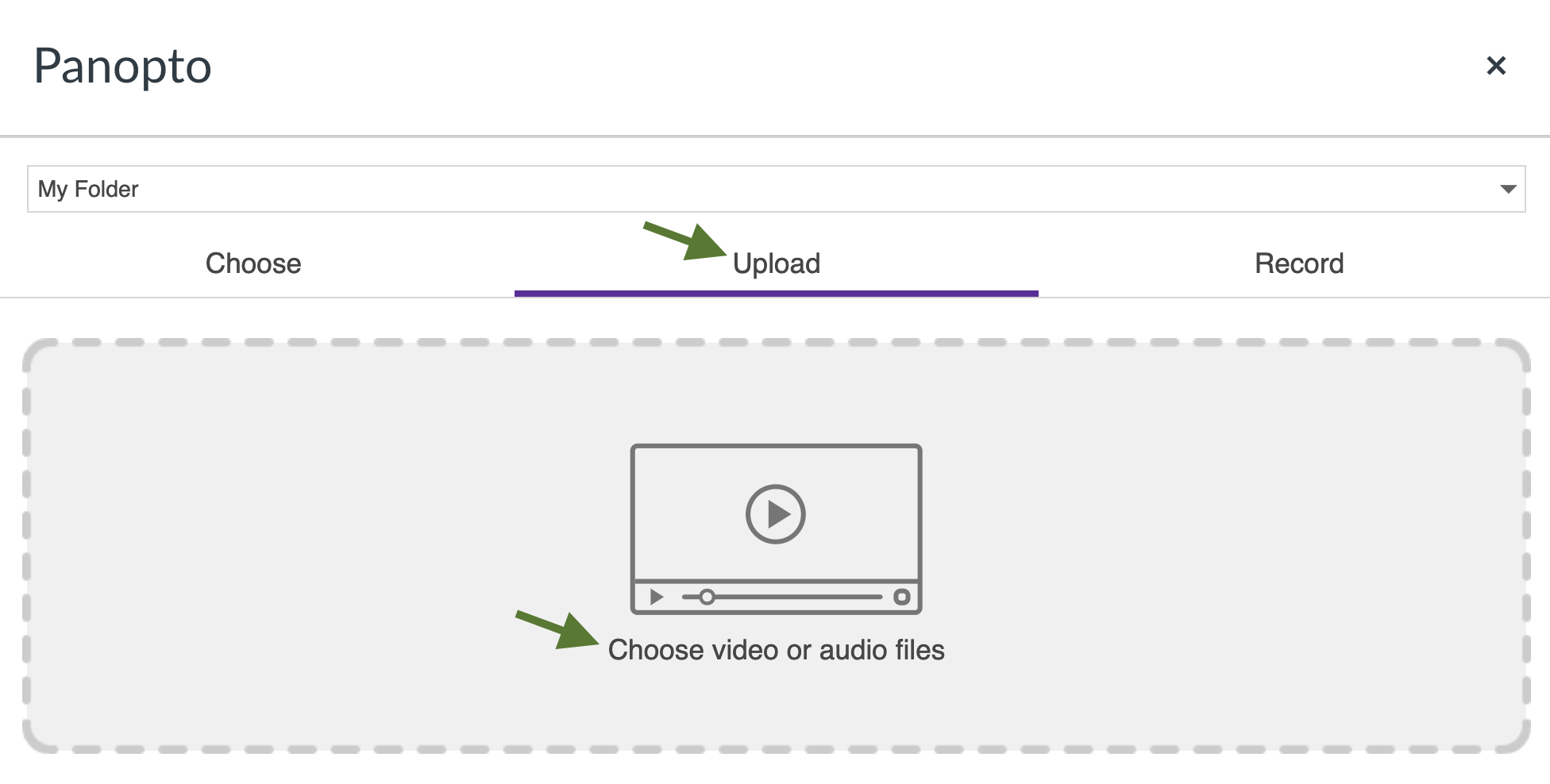 The Panopto embedder with the Upload tab selected.