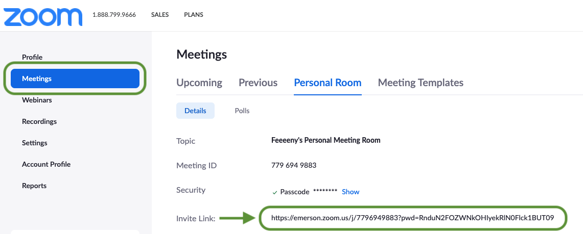 The Zoom Meetings: Personal Room screen, with the personal meeting link indicated.