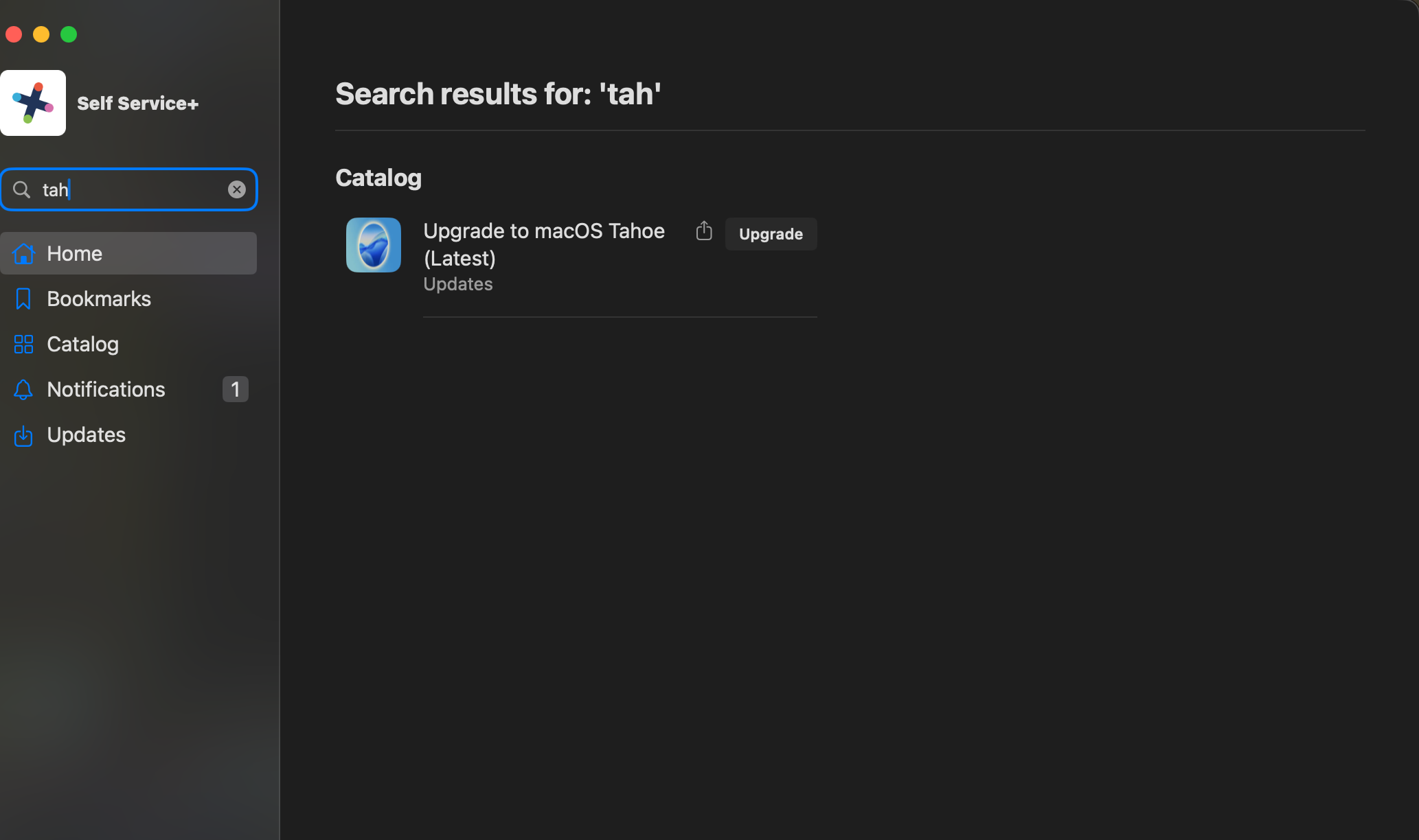 Self Service+ showing search results for 'tah' with the Upgrade to macOS Tahoe option