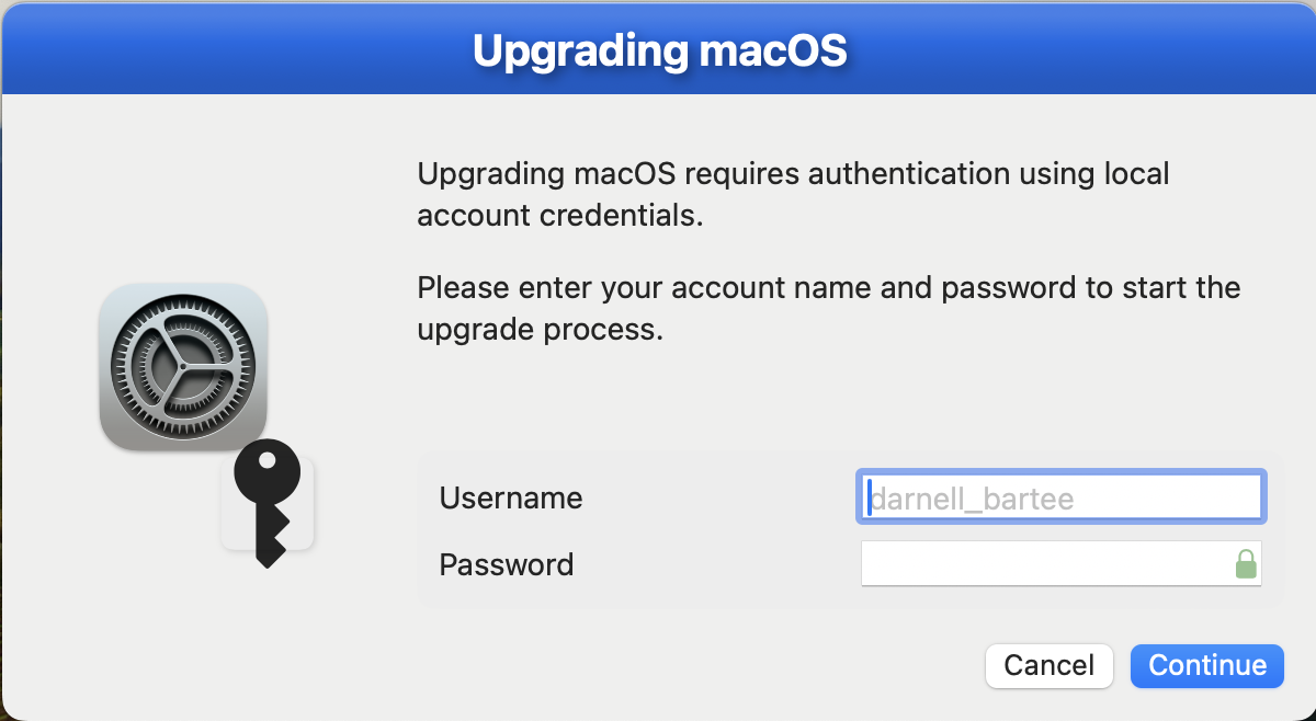 macOS upgrade dialog requesting local account username and password