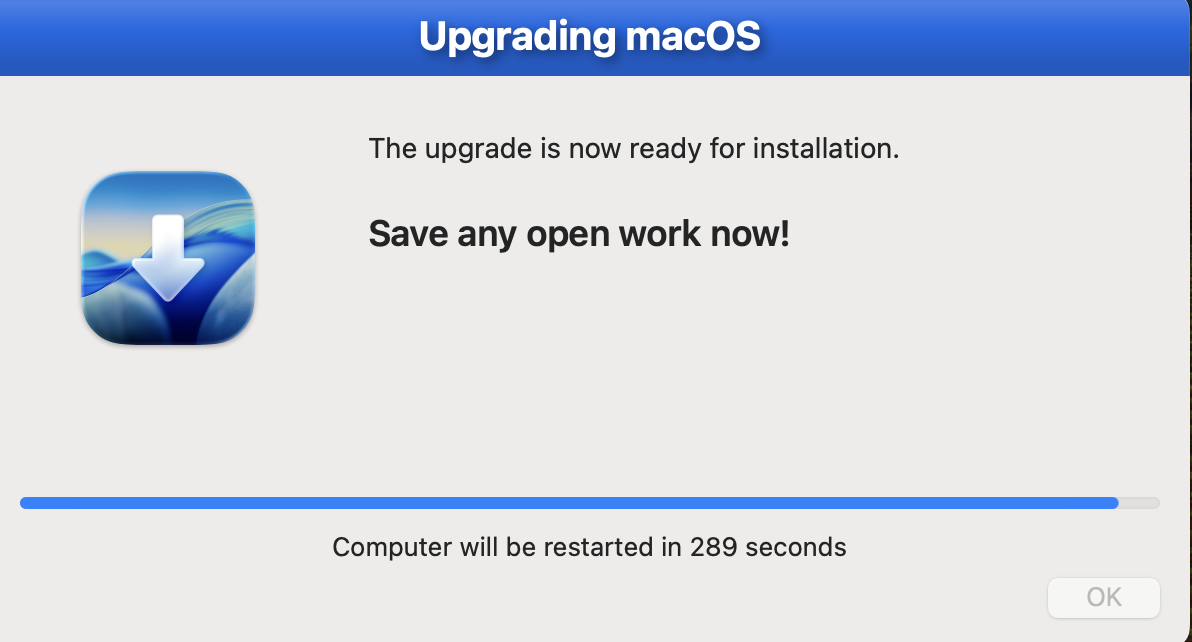 Upgrading macOS dialog stating the upgrade is ready for installation with countdown to restart