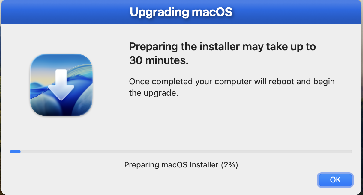 Upgrading macOS dialog showing installer preparation progress