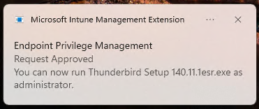 A Windows toast notification from Microsoft Intune Management Extension confirming that your elevated access request has been approved.