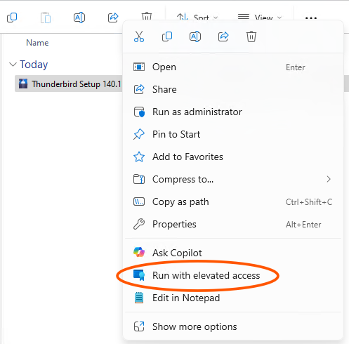 A Windows File Explorer right-click context menu for an installer file, with the 'Run with elevated access' option highlighted among the menu choices and marked with a shield icon.