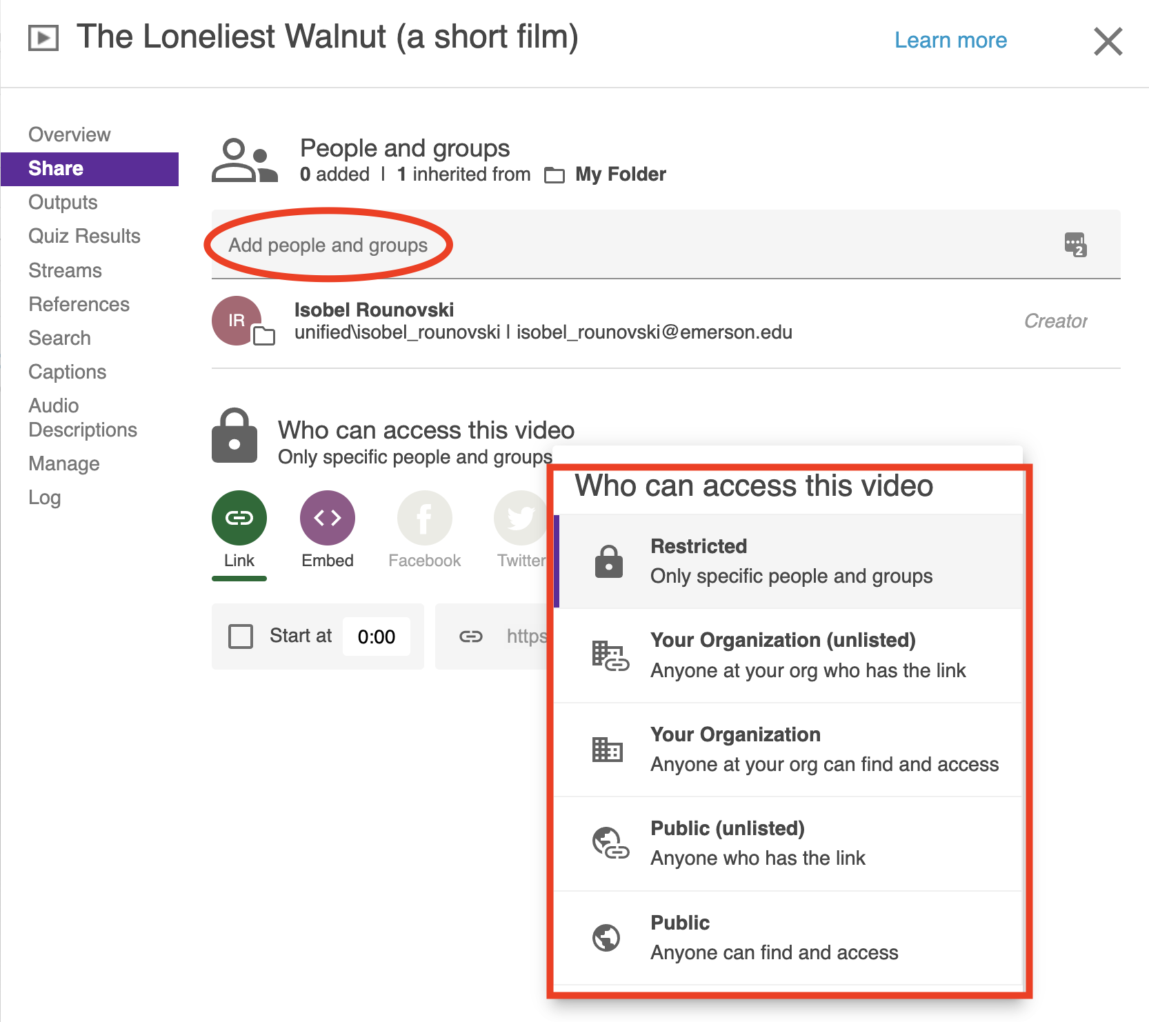 Sharing options in a video's sharing settings.